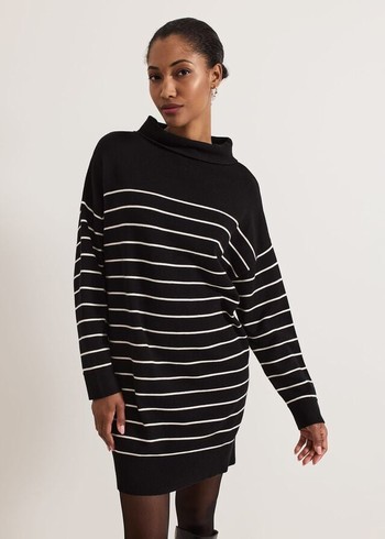 Phase Eight Skylar Stripe Funnel Neck Dress Black/White USA | 5103296-MV